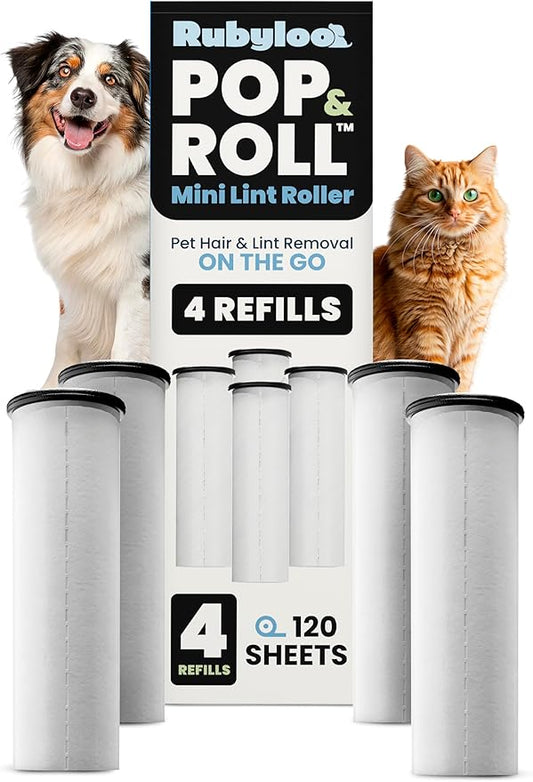 Rubyloo Mini Lint Roller Refills 4 Pack – Replacement Rolls Compatible with Pop & Roll Retractable Travel Lint Roller, Sticky Dog & Cat Hair Remover for Clothes, Travel Essentials for Pet Owners