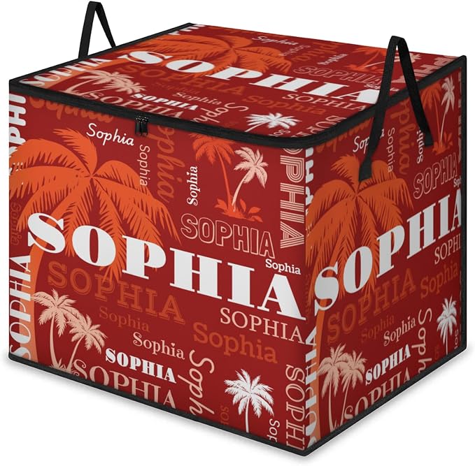 Personalized Large Storage Basket with Lid, Comforters, Bedding Storage Bin with Handles for Home, Collapsible Basket for Clothes, Moving, Car Trunk, Orange White Palm Trees Red Background