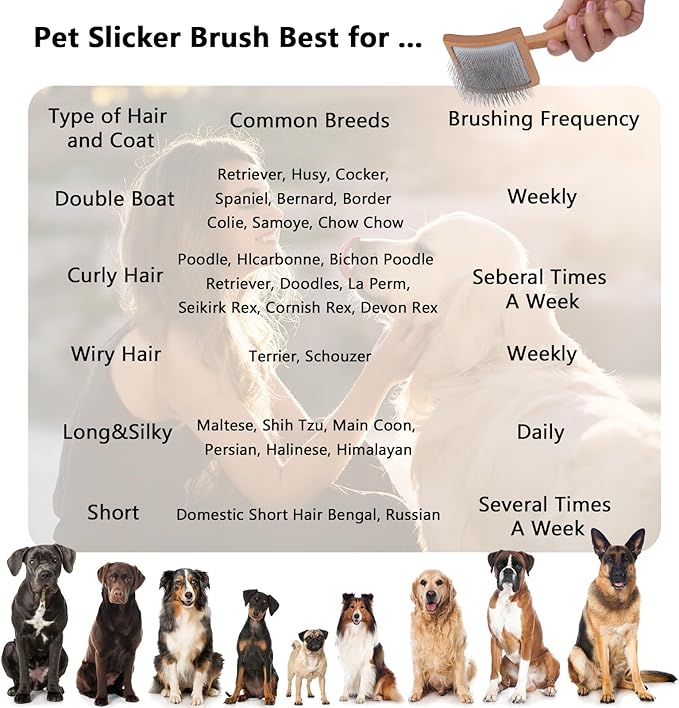 Ergonomic Slicker Brush for Long-Haired Dogs - Wooden Handle, Long Pins for Grooming Goldendoodles