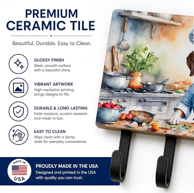 Caroline's Treasures Beagle The Chef Leash or Key Holder Wall Hooks, Key Hooks Holder, Coat Rack Wall Mount, Coat Hooks, Hooks for Hanging Keys, Towels, Aprons, Leashes | Beagle The Chef artwork on ceramic tile with three steel hooks for keys, leashes,...