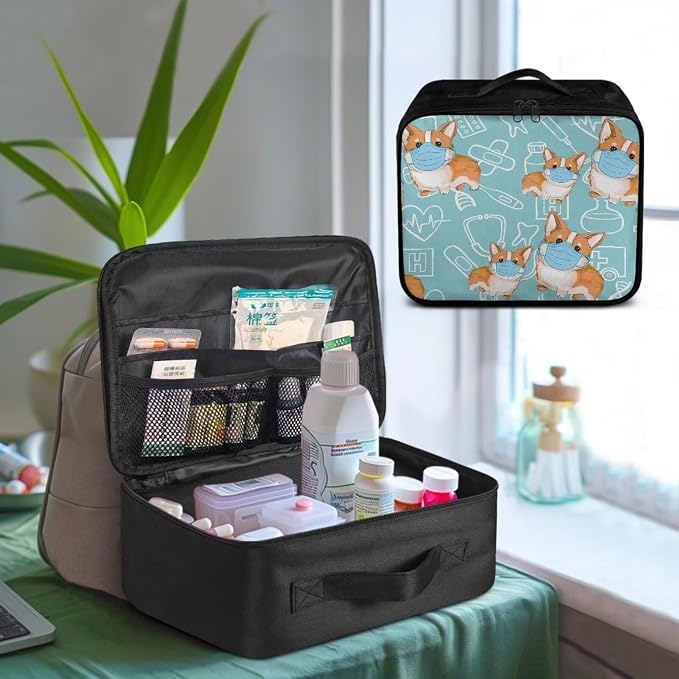Cute Small First Aid Kit Travel Bag Empty Corgi Pattern Camping First Aid Kit Bag Portable Medical Equipment Bag Kawaii Kids Medicine Travel Kit Bag for School Kids Dorm Student Blue