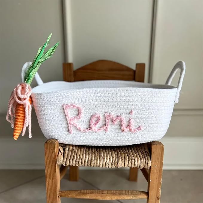 Personalized Cute Small Woven Basket with Handles, Custom Cotton Rope Room Shelf Storage Basket, Empty Decorative Gift Basket, Decorative Round Bin for Nursery Bedroom Bathroom (Style C)