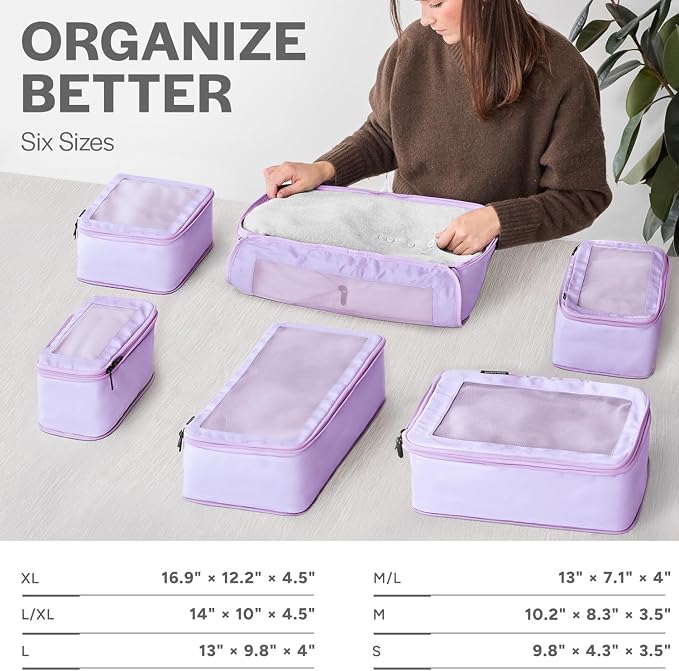 Compression Packing Cubes for Travel, 6-Pack, Purple | Solves overpacking, 6-Piece set fits most suitcases, 50% Space savings, Compression luggage organizer bags