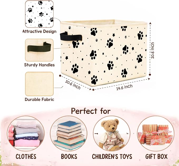 Paw Print Storage Bin, Foldable Fabric Organizer | Black paw print storage bin with stars and dots for toys, books, clothes, pet items, shelves, closets, and rooms.