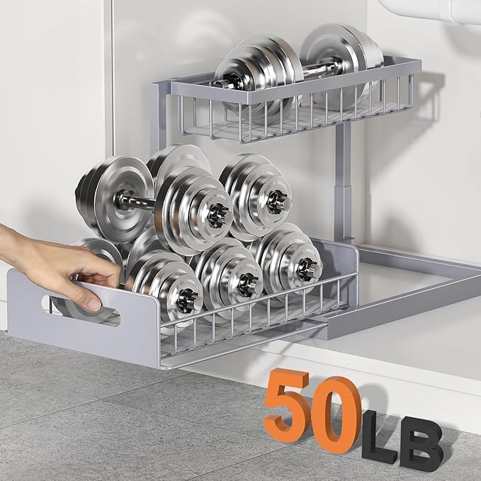 Under Sink Organizer, Pull Out Cabinet Organizer 2 Tier | Slide Out Sink Shelf Cabinet Storage Shelves, Under Sink Storage for Kitchen Bathroom Cabinet, Grey, 1 Pack