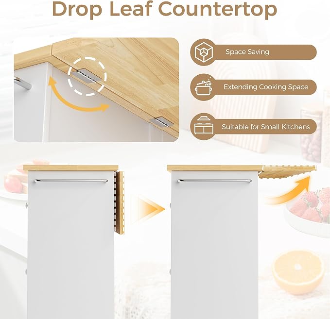 Mobile Kitchen Island on Wheels, Rolling Storage Cart with Drawers, White | 40" Rolling Kitchen Cart , Portable Utility Cart with Locking Casters, for Small Kitchens & Dining Rooms