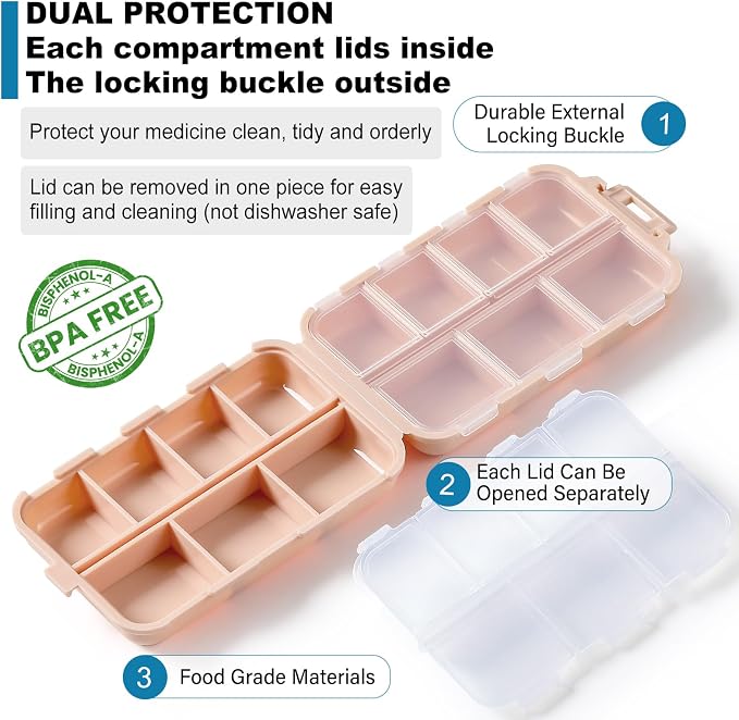 14 GRIDS Travel Pill Organizer Box with Labels - Travel Medicine Case Kit - Pocket Daily Pharmacy Container - Travel Medication Holder Dispenser for Fish Oil Vitamin Supplement Storage - Pink