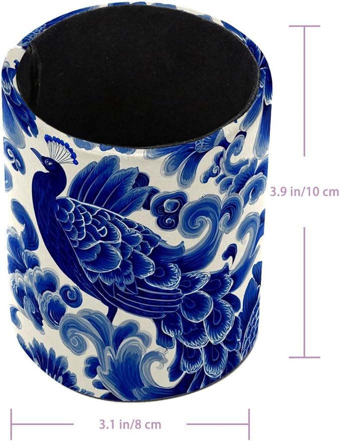 Faux Leather Pen Holder for Desk, Pencil Organizer Blue Peacock Pen Cup Desk Decor Makeup Brush Holder Storage for Office Home