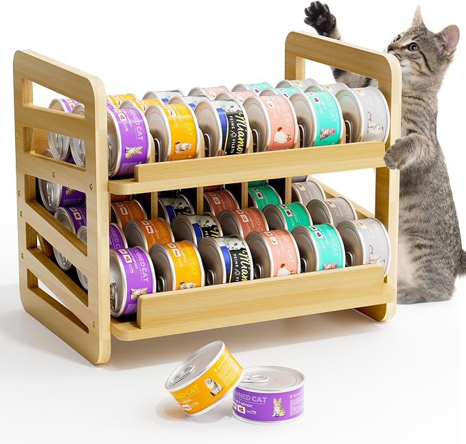 Portable Double Tiers Cats Food Storage Rack Rolling Lid Protects Against Humidity Double Layer Puss Food Container