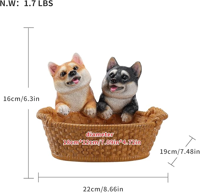 Resin Double Shiba Inu Desktop Storage Basket, Decorative Catchall Bowl & Key Tray for Entryway Table, Cute Dog Statue Organizer, Pet Lover Gift
