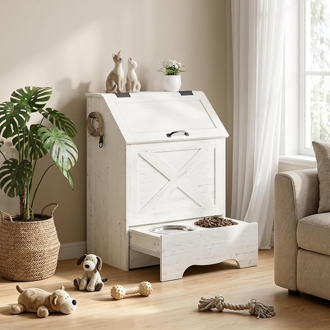 HOOBRO Dog Feeding Station with Sliding Drawer and 2 Hidden Bowls, Pet Feeding Station with Flip-Up Door, Dog Food Storage Cabinet with 2 Hooks for Living Room and Bedroom, Cloud White WT03PO03