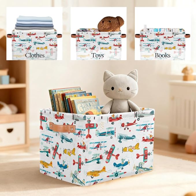 Pardick Storage Baskets Bin, Cute Cartoon Airplane Collapsible Canvas Fabric Storage Bin Decorative Baskets Toy Organizer Rectangle Storage Boxes with handles for Home Shelves Nursery,1Pack,C-05