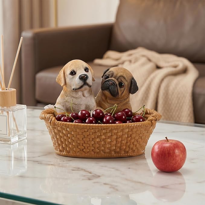 Resin Labrador & Pug Desktop Storage Basket, Decorative Catchall Bowl & Key Tray for Entryway Table, Cute Dog Statue Organizer, Pet Lover Gift