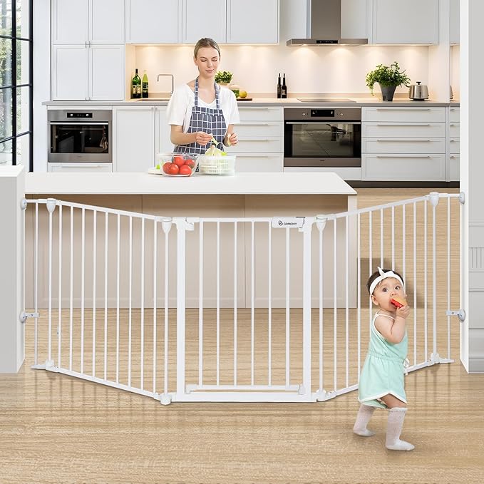 COMOMY 80" Extra Wide Baby Gate, Dog Gate for House Stairs Doorways | Auto Close Pet Gate with Door Walk Through, 3 Metal Panels, Hardware Mounted Baby Fence Indoor Outdoor(30" Tall, White)