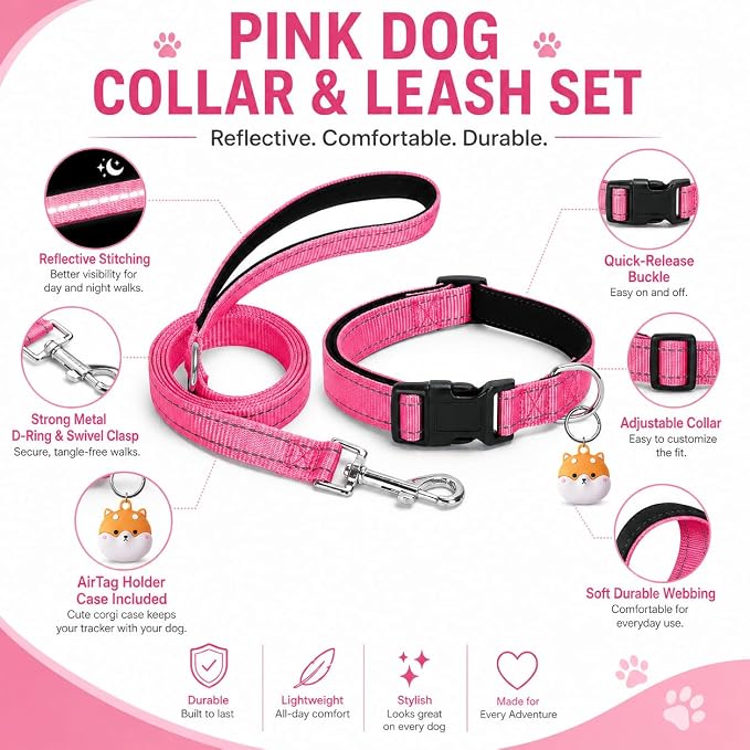 Reflective Soft Neoprene Padded Matching Dog Collar with Leash Airtag Holder Case Set Safety Breathable Adjustable Nylon Dog Collars for X-Small Small Medium Large Dogs-Pink-L