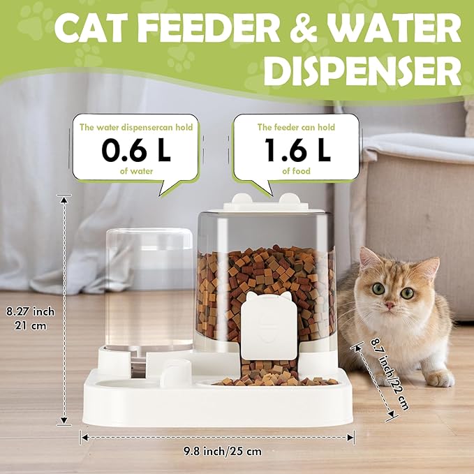 1.6L Auto Gravity Pet Feeder and 0.6L Water Dispenser Set, Automatic Cat Water Dispenser, Gravity Pet Feeder for Small Medium Dog Puppy Cat Kitten