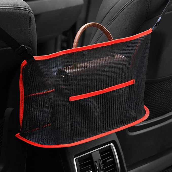 Car Net Pocket Handbag Holder, Auto Net Pocket Purse Holder Between Front Seats Car Storage Organizer, Universal Interior Accessories Barrier of Backseat Pet Kids (Black Red)