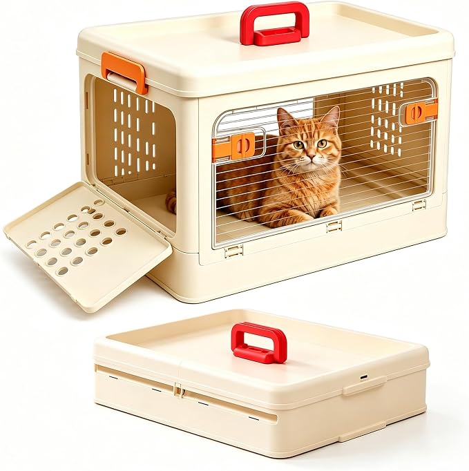 Pet Carrier for Cat & Dog,19-in Collapsible Cat Carrier Hard,Portable Crate | Dogs Travel Crates,Pets up to 20 lbs, Durable Plastic Travel Kennel for Car, Ventilated Design, Beige