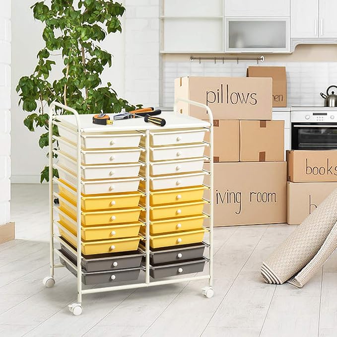 20 Drawer Rolling Storage Cart, Art Cart Organizer with Wheels for Makeup, Tool, Paper, Multipurpose Craft Storage Cart with Drawers for Office, Home, Classroom, Teacher, School (Yellow)