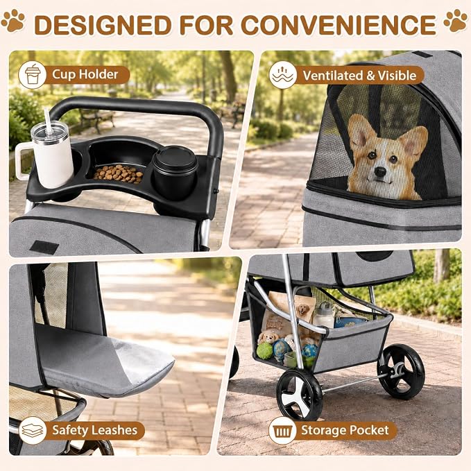 Pet Stroller 4 Wheels Dog Cat Stroller for Small Medium Dog Cats Carrier Jogger Travel Foldable Puppy with Storage Basket and Cup Holder (Grey)
