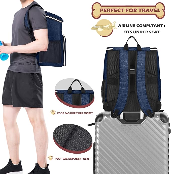 BAGLHER丨Dog Travel Bag Backpack, Airline Approved Pet Supplies Backpack, Dog Travel Bag with 2 Silicone Collapsible Bowls and 2 Food Baskets Dark Blue