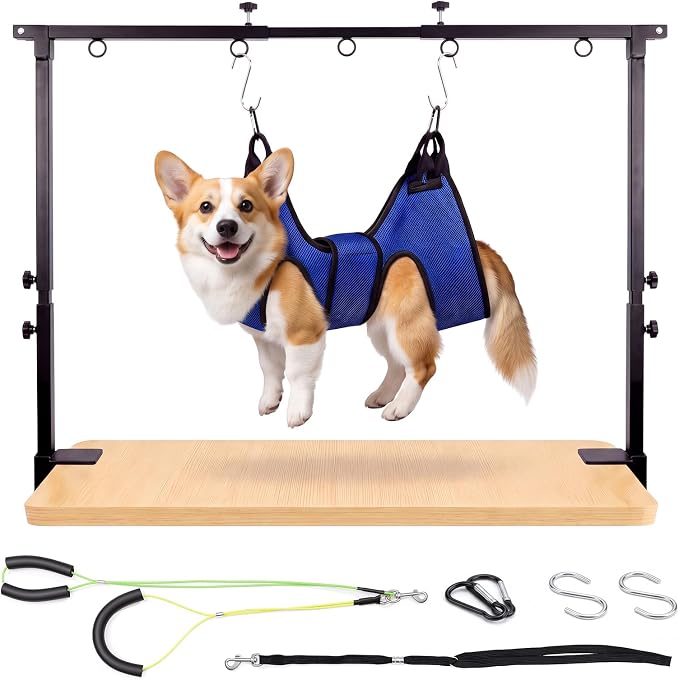 Dog Grooming Arm Double Rod with Hammock, Sturdy Metal Pillar Not Wobble | with Adjustable Metal Clamp Holder Fits Tables Up to 1.65" for Small Medium Dogs Cats Nail Trimming Bathing Drying
