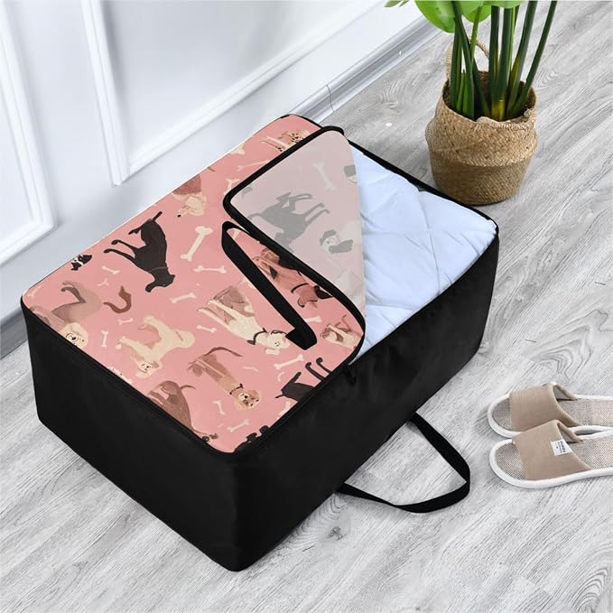 Comforter Storage Bags Large Folding Blanket Organizer Bag with Strong Handles Clear Window Closet Storage Containers for Clothes King Queen Pillows Bedding Quilt Duvet Pink Dog and Bone01