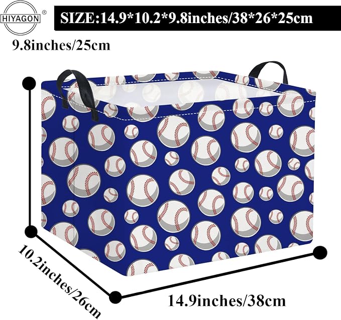 Rectangular Baseball Toy Storage Bin Organizer Box - Kids Gift Basket (Blue Baseball)