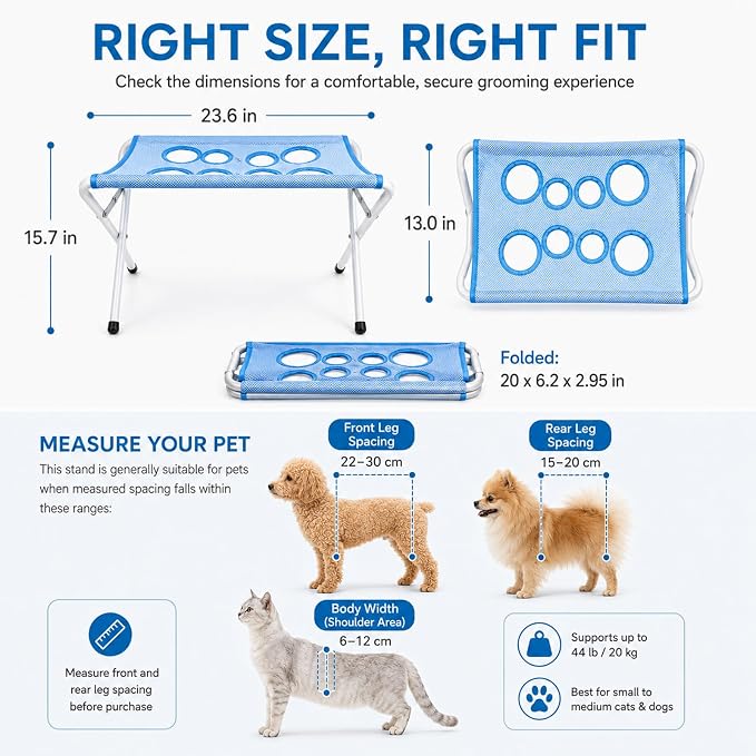 Foldable Pet Bathing Stand, Dog Grooming Hammock for Small Dogs (Gray) | Portable Dog Shower Grooming Rack, 8-Hole Quick-Dry Mesh, 44 lb Capacity, Home Washing, Trimming & Nail Care