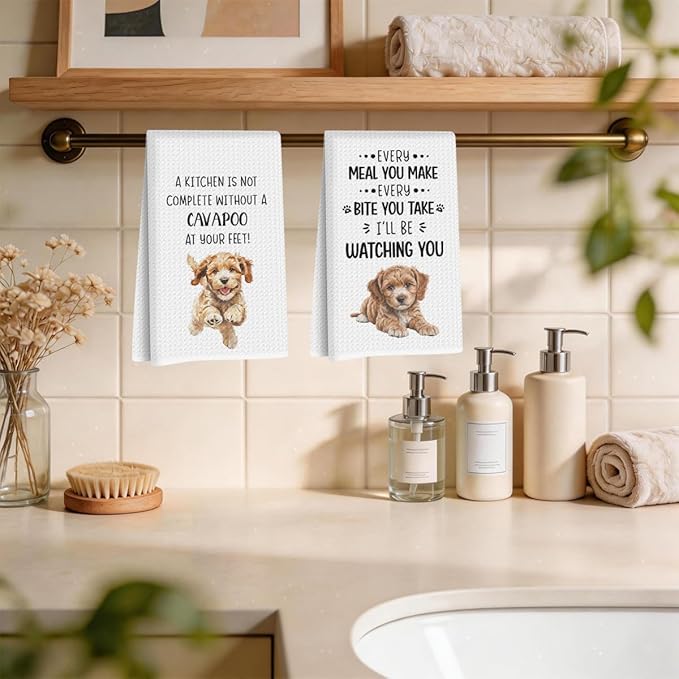 2Pcs Cavapoo Dog Kitchen Towels 24x14 Inch, Cavapoo Gifts Reusable Dish Towels Dishcloths Tea Towel for Kitchen Bathroom Decor, Waffle Weave Absorbent Hand Cloth Towel, Dog Lover Gifts for Women Mom