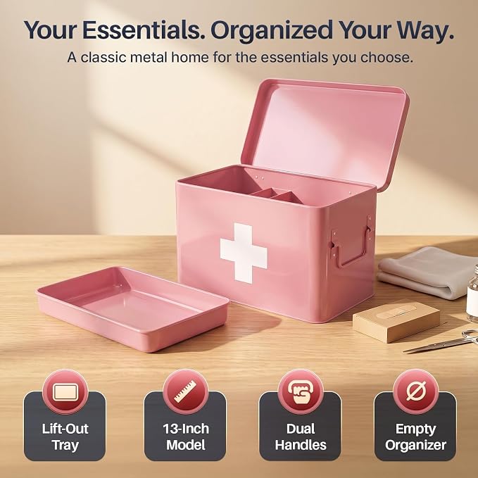 Flexzion Large Metal First Aid Box Empty, 13-Inch, Pink with White Cross | Vintage Medicine Box and First Aid Storage Organizer with Removable Tray and Dividers; Empty Box Only, Supplies Not Included