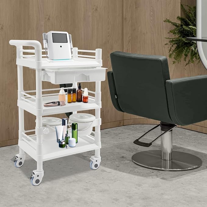 Mobile Salon Storage Cart with Wheel and Drawer, Portable 3-Tier Professional Trolleys, 176 Lbs Load Utility Tool, for Barber Stores, Spas, Homes, Beauty Store, Pet Shops