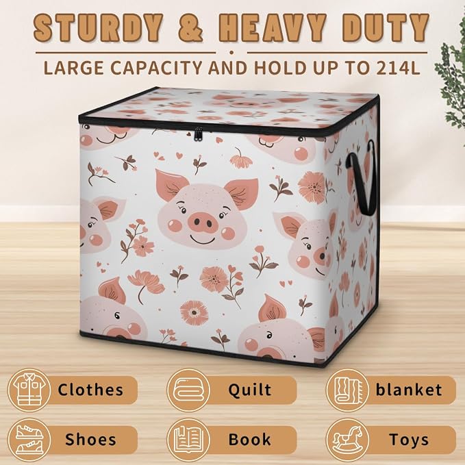 Floral Pig Large Storage Bags, Fabric Bed Storage Containers, Foldable Closet Organizers for Blanket, Clothing, Comforter, Bedding, Cute Pig