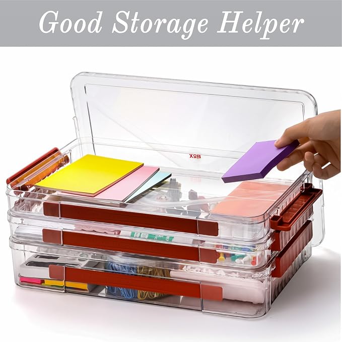 Set of 3 Portable Paper Storage Box Organizer, 9" X 13" Clear Plastic File Storage Box with Lids, Stackable Document Box Project Case for Organizing A4 File Paper, School Supply, Craft
