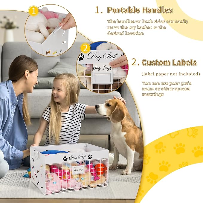 Bfttlity Dog Toy Basket Large Metal Toy Box Storage for Dogs Toys, White | Dog Toy Bin with Handles for Living Room Storage Dogs Chew Pets Toys, Blankets, Clothes, Food
