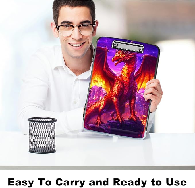 A4 Clipboard with Storage Pen Holder, Clipboards Organizer Nursing Clipboard Foldable File Folder Plastic Clipboard Folio Clip Board for Office Work Classroom Doctor, Purple Red Dragon