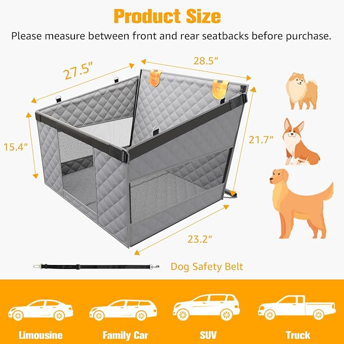 Large Dog Car Seat, Back Seat Extender for Dogs with Hard Bottom | Waterproof Medium Carseat for Dogs with 3 Mesh Windows, Pet Seat Cover for Cars, Trucks and SUVs