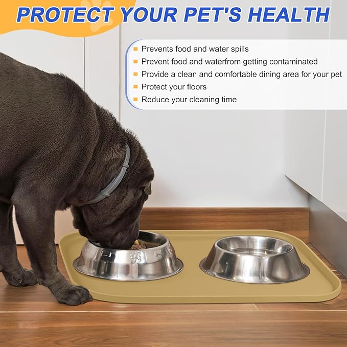 SMILOOL Silicone Pet Feeding Mat with Raised Edge for Food and Water, Dog Bowl Mats, Cat Bowls Placemat with High Lip for Floor Waterproof, Rubber Tray for Cats and Dogs 19 x 12 x0.7 Dark Beige