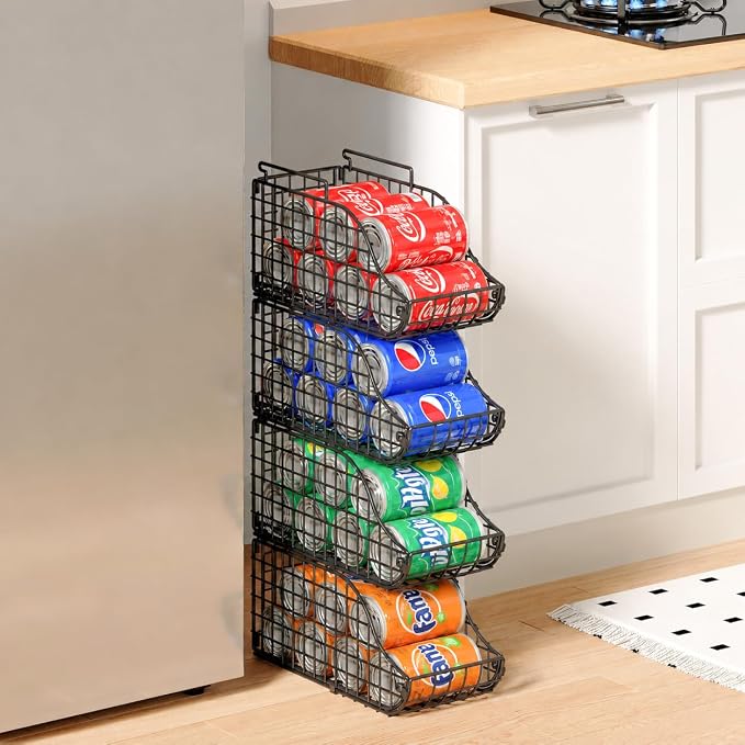 Sonyabecca 4-Pack Stackable Can Rack Organizer for Kitchen Pantry | Soda Can Organizer and Food Storage Dispenser for Pantry Cabinets. Foldable Wire Rack Keeps Canned Food Organized