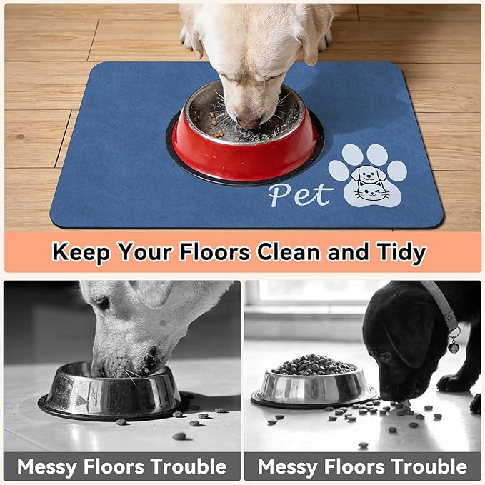 Dog Cat Feeding Mat-Absorbent Pet Bowl Mat for Food and Water, Quick Dry Water Dispenser Mat for Floors with Waterproof Rubber Backing, Puppy Cat Placemat Mats for Messy Drinkers,12"x20",Blue
