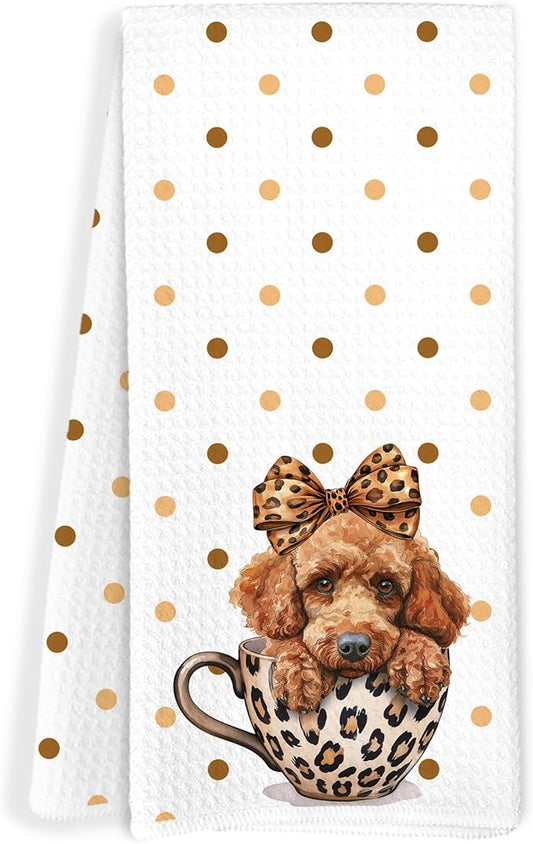 Leopard Bow Toy Poodle Kitchen Towels, Toy Poodle Gifts Dish Tea Towels, Trendy Cheetah Print Coffee Cup Dog Polka Dot Decorative Hand Towel for Bathroom, 16x24 Inch
