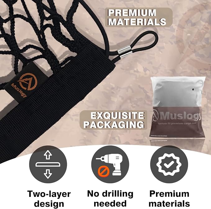 Muslogy Cargo Net for 2020-2026 2027 Kia Telluride Accessories | Custom Fit, Trunk Storage Organizer Net for SUV Sedan Van Divider, with Heavy Duty Carabiners, Night Visible Grab Handle
