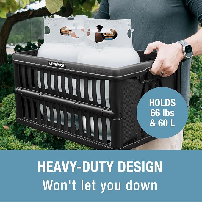 CleverMade Collapsible Utility Crates, 60L Storage Crate, 3 Pack, Obsidian | Haul Bigger Loads Without Sagging | Reinforced Base Bracing Holds 66 lb | 3-High Stacking and Fold-Flat Storage Save Space