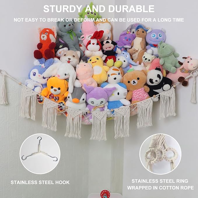 Large Stuffed Animal Hammock or Net, Macrame Boho Toy Hammock with LED Light, Decorate Net for Stuffed Animals Corner, Space Saving Hanging Stuff Animal Organizer Holder for Kids Bedroom Playroom