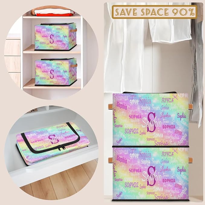 Personalized Kids Toy Box with Name, Custom Baskets Cubes Box with Zipper Lid, Kids Custom Storage Basket Laundry Baskets Organizer with Handles, Colorful Rainbow Pink Yellow Blue with Stars