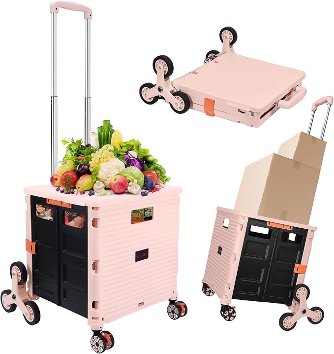 Foldable Utility Cart Collapsible Crate Rolling Carts with Stair Climbing Wheels Rolling Tote Basket Teacher Cart with Lid Wear-Resistant 360°Rotate Wheel Noiseless for Shopping Grocery Office