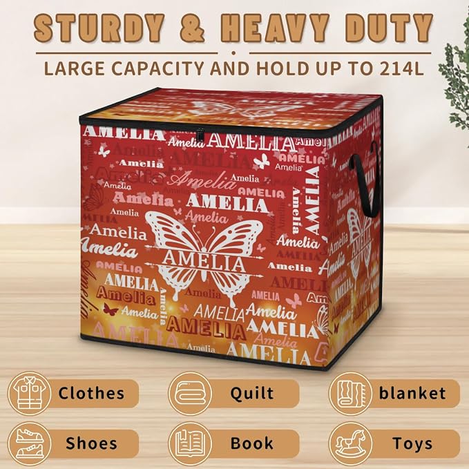 Personalized Name Large Storage Basket with Lid, Canvas Storage Bins Quilt Clothes Organizer for Bedroom, Kitchen, Bathroom, Nursery, Shelves, Closets, Gradient Red Yellow Butterflies