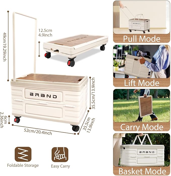Folding Utility Cart Portable Rolling Crate Handcart Shopping Trolley Collapsible Tool Box with Wooden Lid, Basket on 4 Rotate Wheels, for Grocery, Office, Luggage, Teacher, Travel (White)