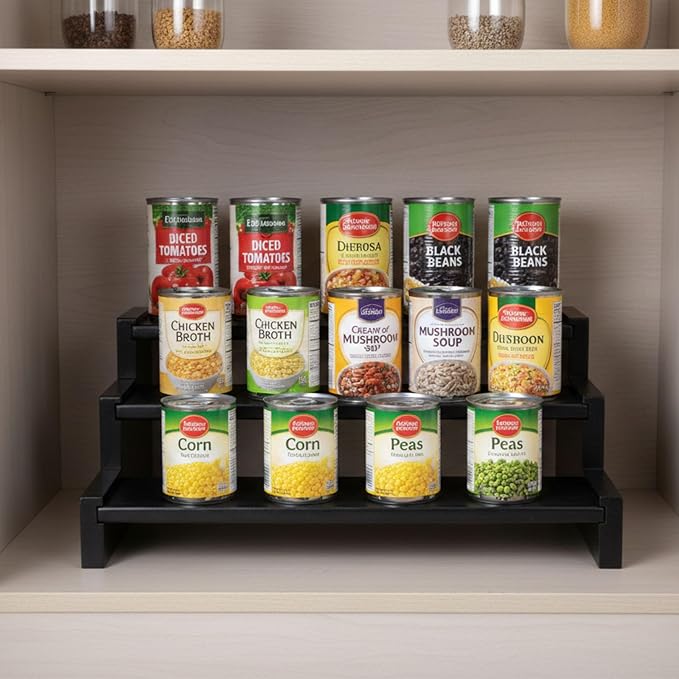 Black Bamboo Can Organizer for Pantry, 3-Tier Countertop Storage Rack for Canned Food, Soda, Soup and Pet Food, Tiered Cabinet Shelf Display
