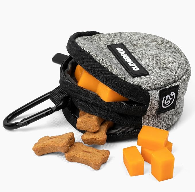 Cleverpup Snackpack Double Insulated Dog Treat Pouch – 1.5 Cup Capacity, 2 BPA-Free Waterproof Zipper Pockets, Carabiner for Belt/Leash – Compact Training & Travel Bag – Heather Grey